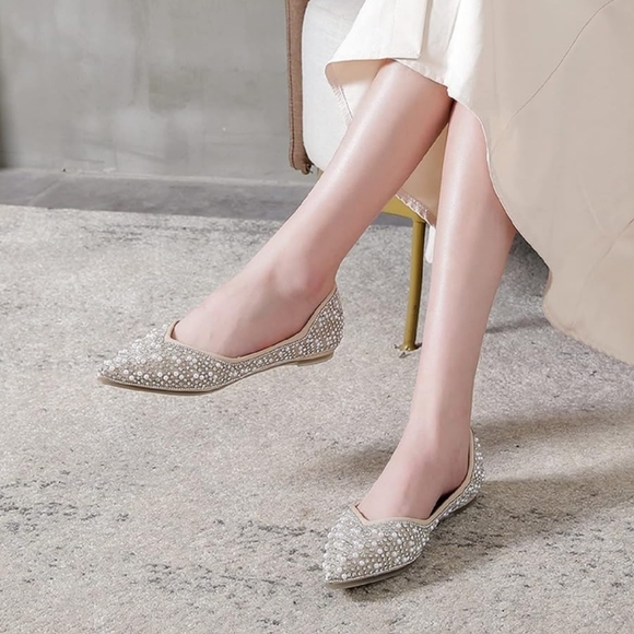 NIB Beige Rhinestone Pearl Jewels Gem Sparkly Pointed Party Flats Shoes 10.5 - Picture 16 of 17